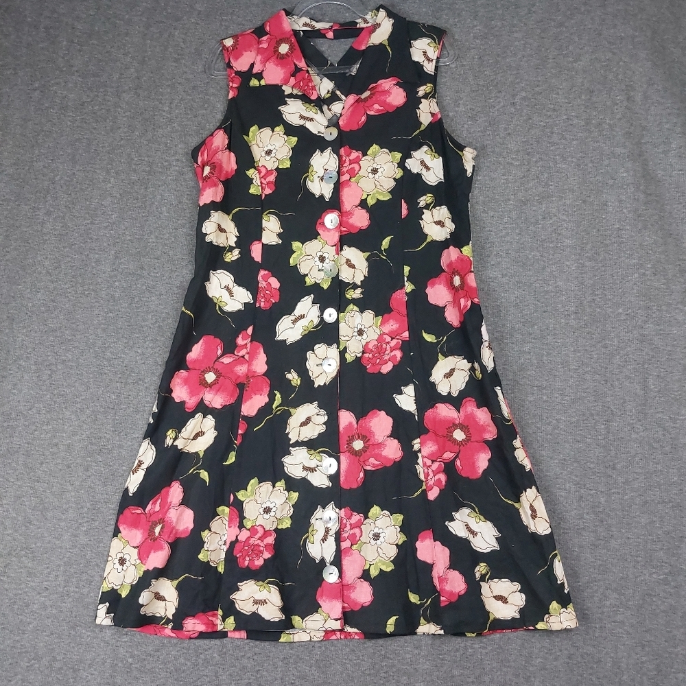 WHITE STAG WOMENS VTG BLACK TAN FLORAL CROSS BACK LINEN BLEND BUTTON UP DRESS 16